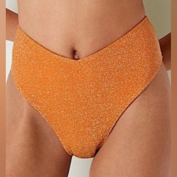 M L 🖤VS PINK Swim Shimmer High Waist Cheeky Bikini Bottom Orange - Picture 2 of 4